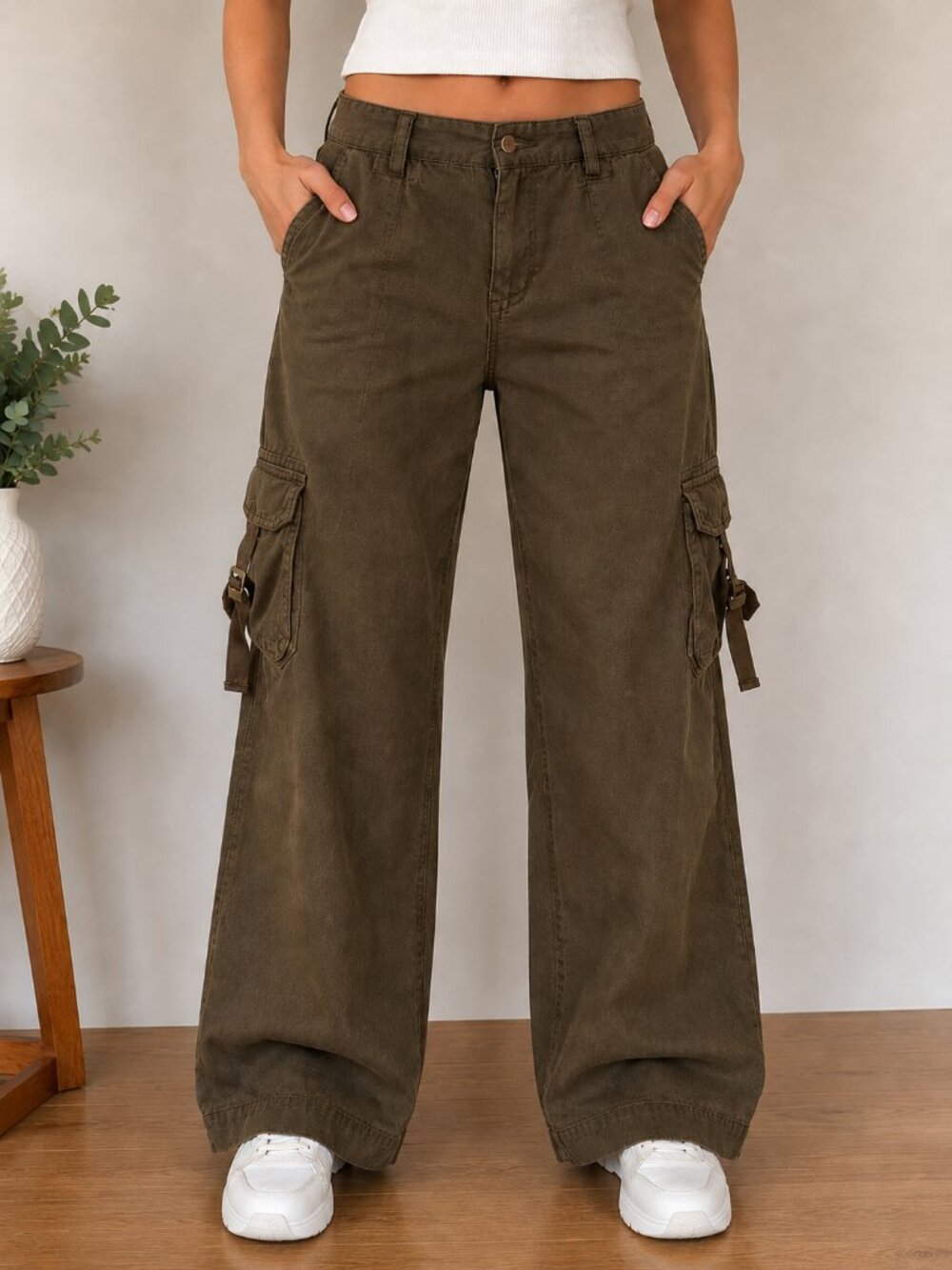 Lauren Ralph Lauren Petite 4P Brown Cargo Pants Women Utility Wide Leg